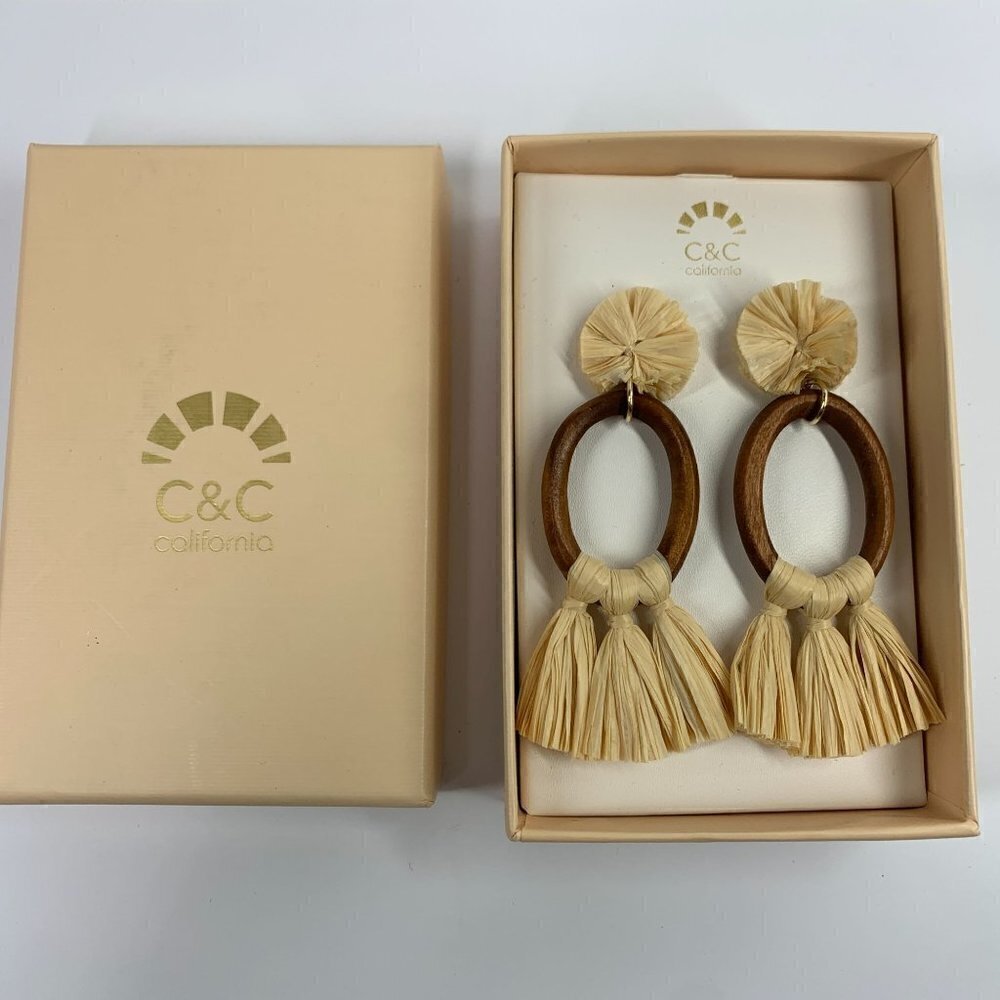 CC California Wood Earrings With Natural Fibre Accents Post Back New In Box 17$